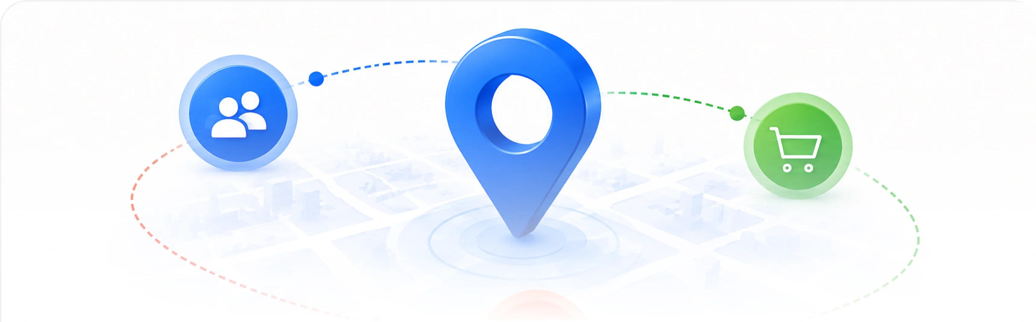 A map pin linking a group of customers to a shopping cart.