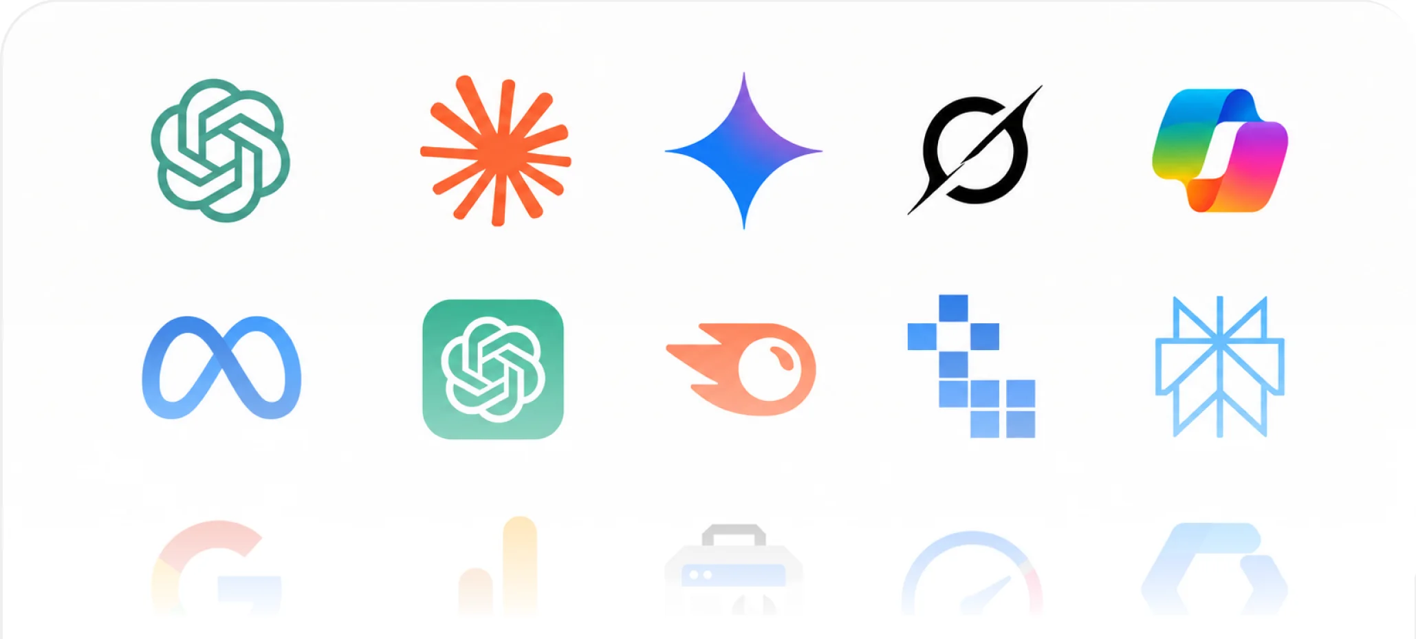 A grid of AI assistant and search platform logos.