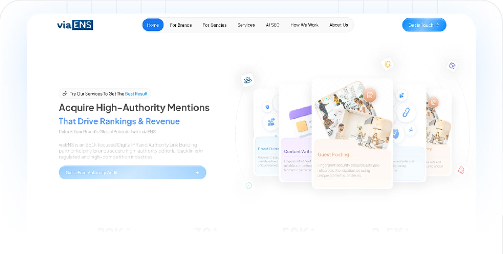 A viaENS landing page with media placements fanned beside it.