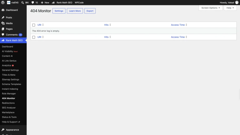 Rank Math 404 Monitor showing an empty error log for tracking broken website URLs.