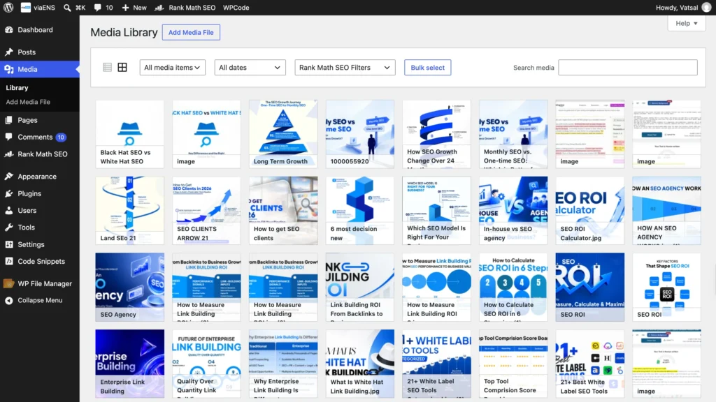 WordPress Media Library displaying SEO graphics and blog images used to support website content.