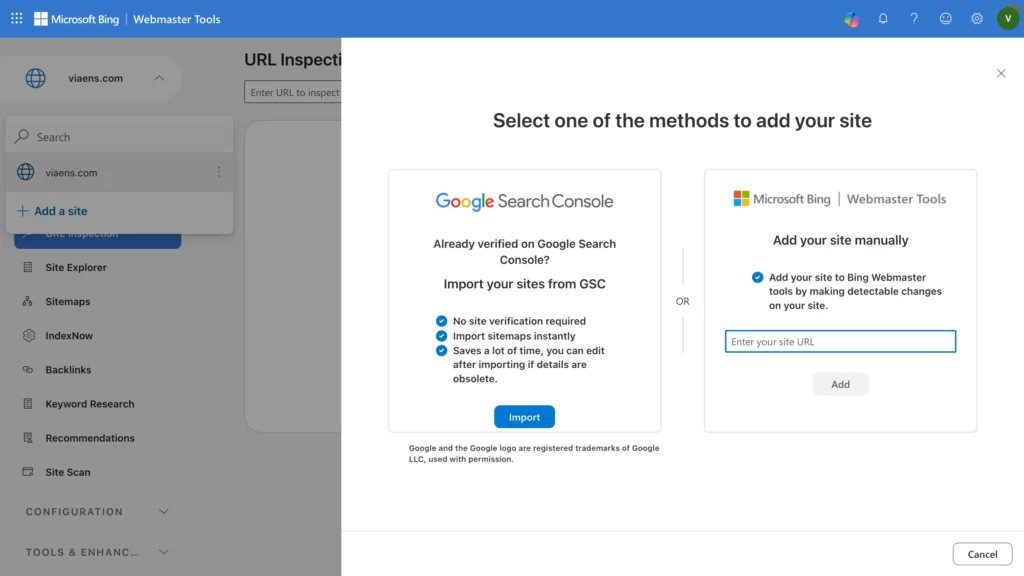 Bing Webmaster Tools showing options to import a website from Google Search Console or add it manually.