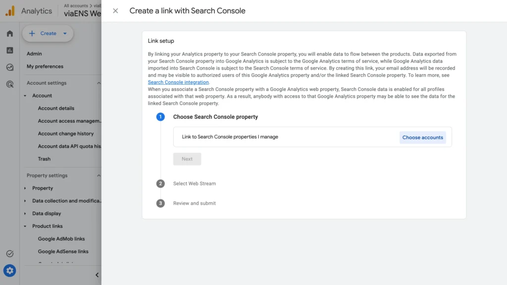 Google Analytics screen for connecting a property with Google Search Console to combine search and website data.