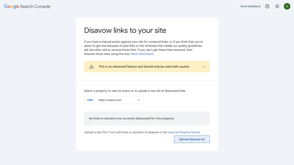 Google Search Console Disavow Links tool for submitting unnatural or harmful backlinks for disavowal.