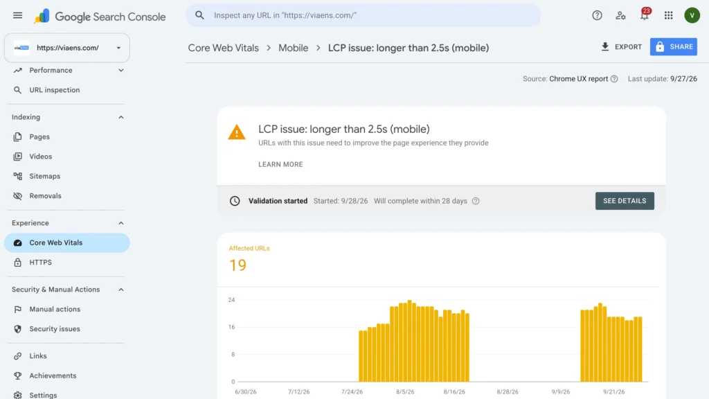 Google Search Console showing 19 URLs with a mobile LCP issue longer than 2.5 seconds.