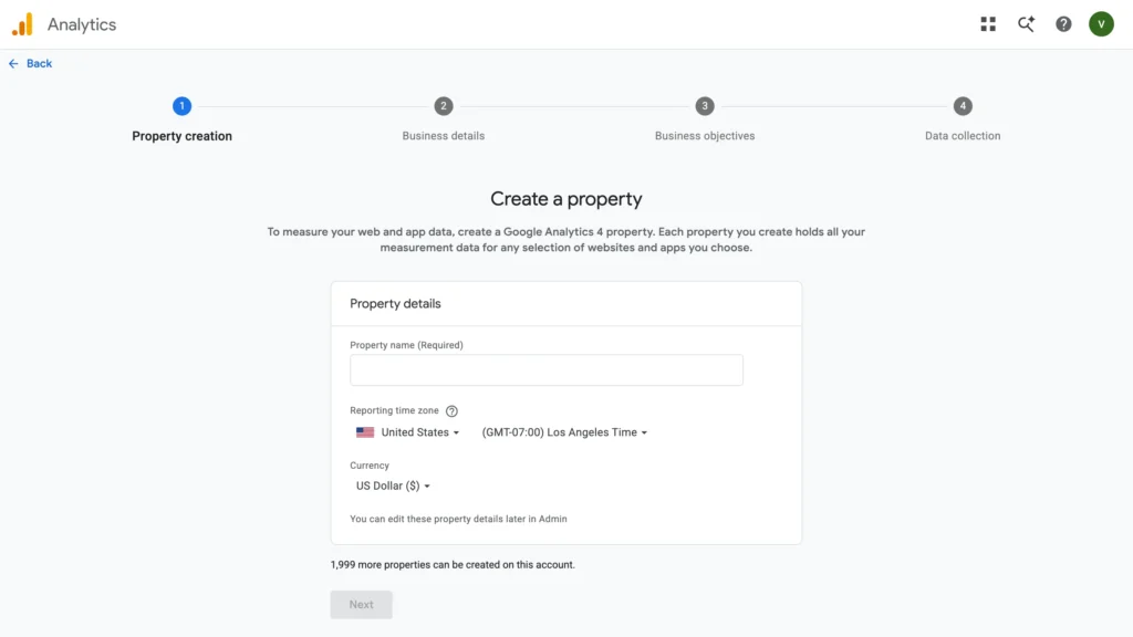 Google Analytics 4 property setup screen showing reporting time zone, currency, and property details.