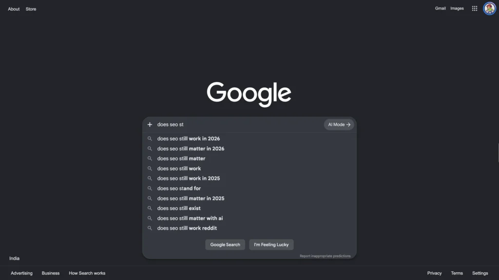 Google autocomplete suggestions for searches about whether SEO still works and matters