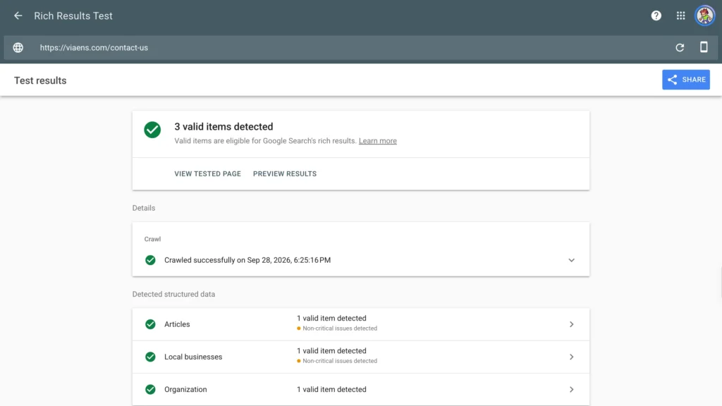 Google Rich Results Test showing valid Article, Local Business, and Organization structured data
