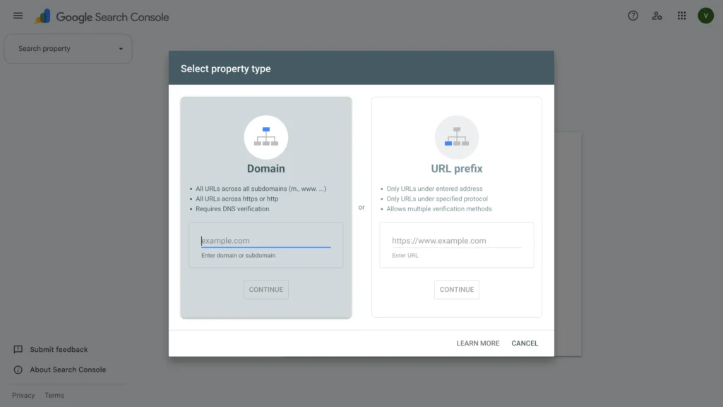 Google Search Console property setup screen for adding a website domain