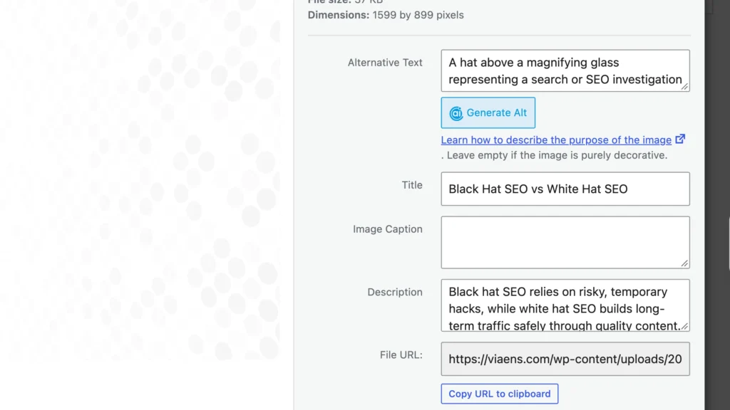 WordPress media settings showing alt text for a Black Hat SEO versus White Hat SEO image