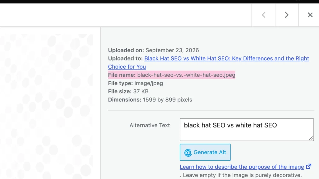 WordPress media details showing an SEO-friendly image file name
