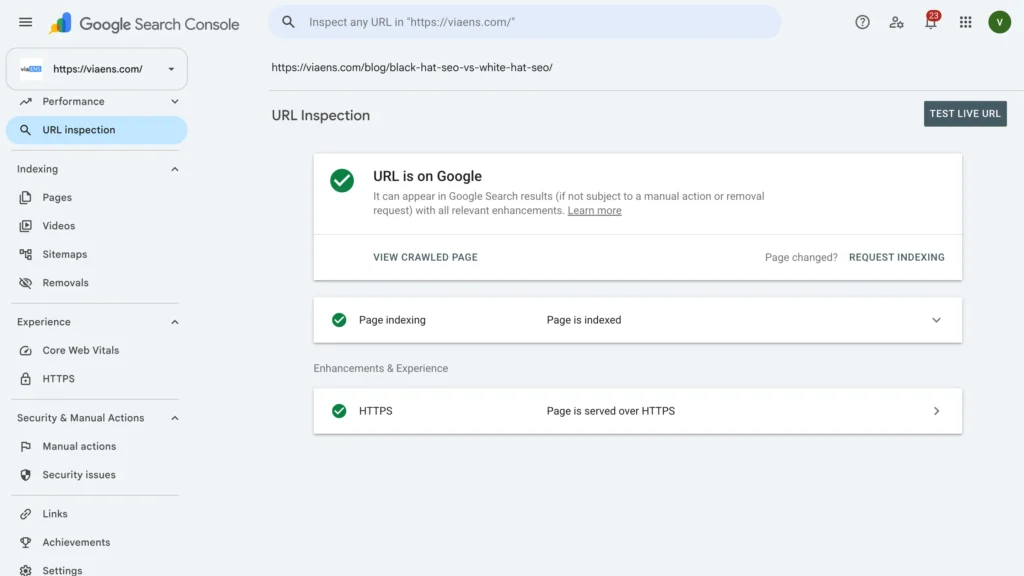 Google Search Console showing a webpage indexed and available on Google