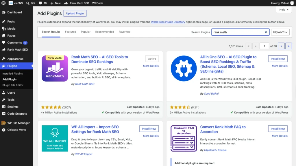 WordPress plugin directory showing Rank Math SEO plugin installation