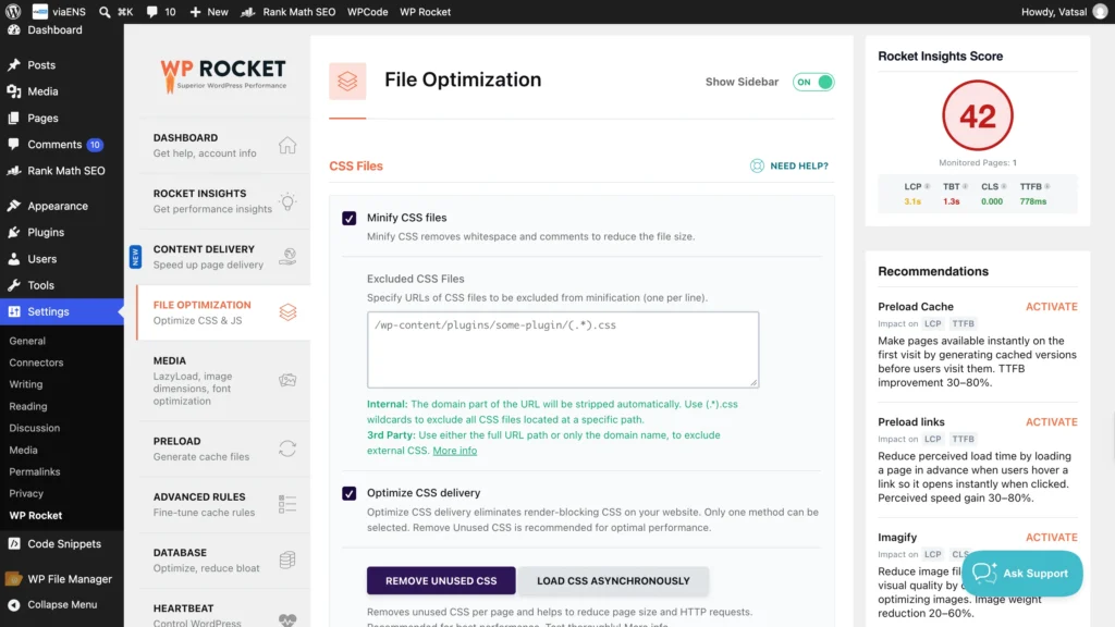 WP Rocket file optimization settings for minifying CSS and improving website performance