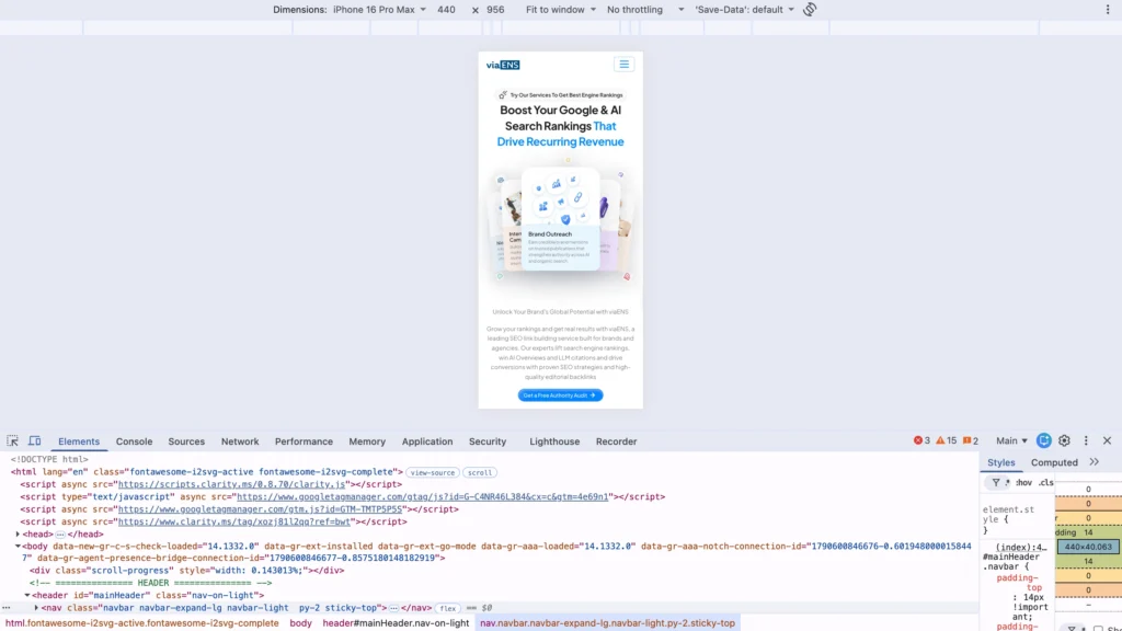 Mobile view of viaENS website showing responsive navigation and SEO service content