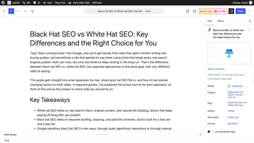 WordPress editor showing Black Hat SEO vs White Hat SEO article content