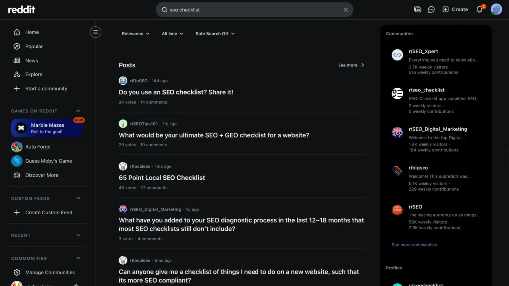 Reddit search results showing SEO checklist discussions and keyword research ideas