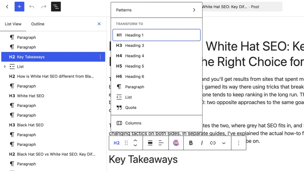 WordPress outline showing H2 and H3 heading structure for an SEO article