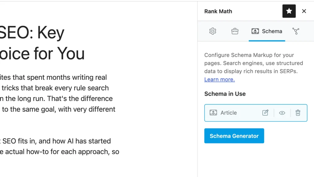 Rank Math Schema panel showing Article structured data configured for a WordPress post