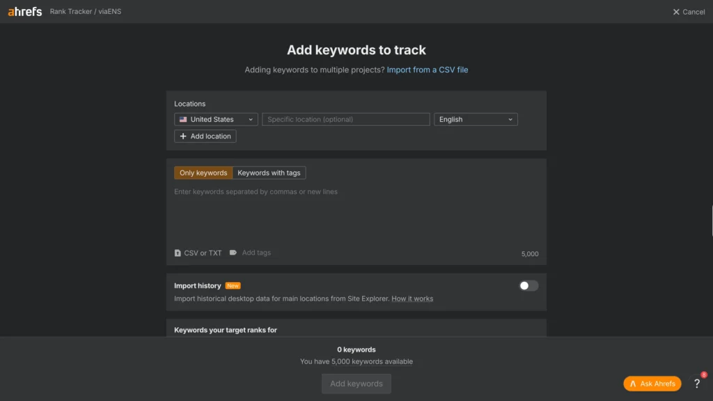 Ahrefs Rank Tracker showing keyword tracking setup for the United States