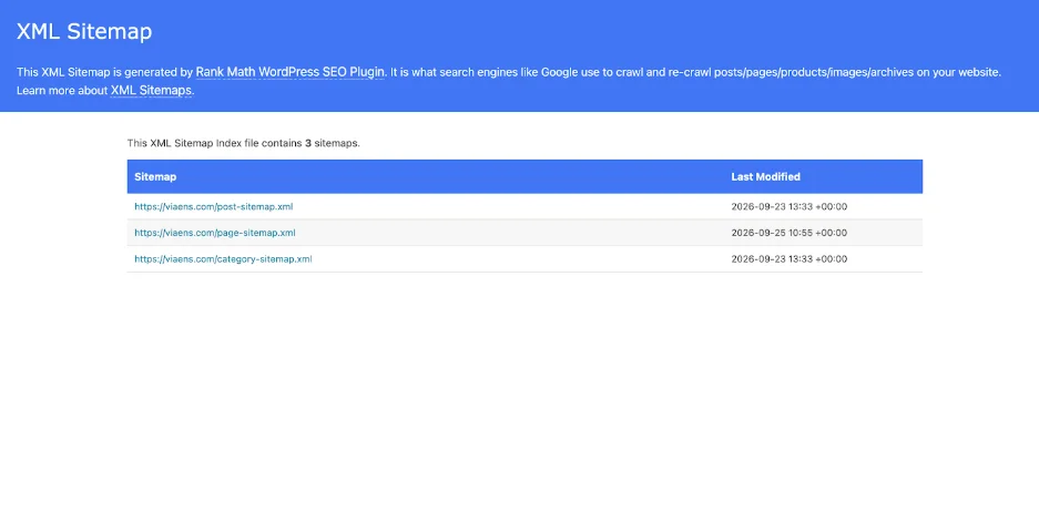 viaENS XML sitemap showing post, page, and category sitemap files
