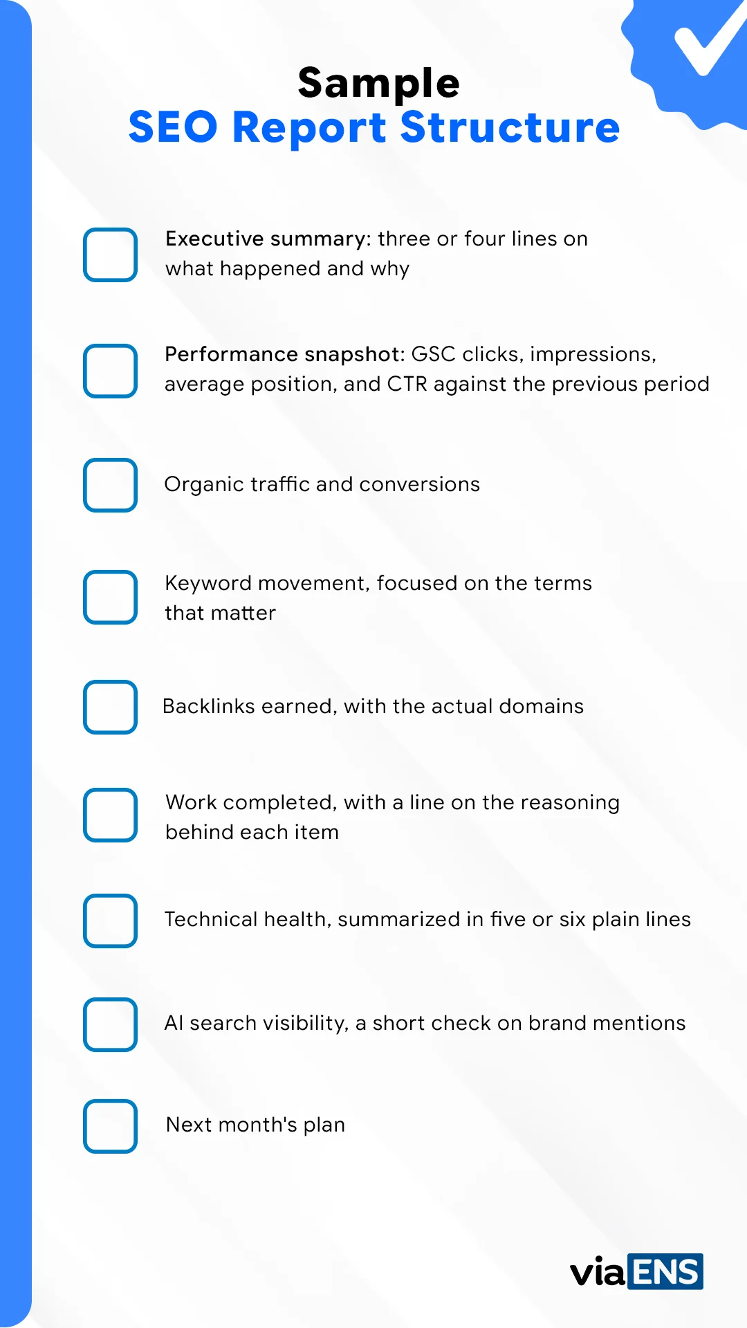 Sample SEO report structure checklist for client reporting