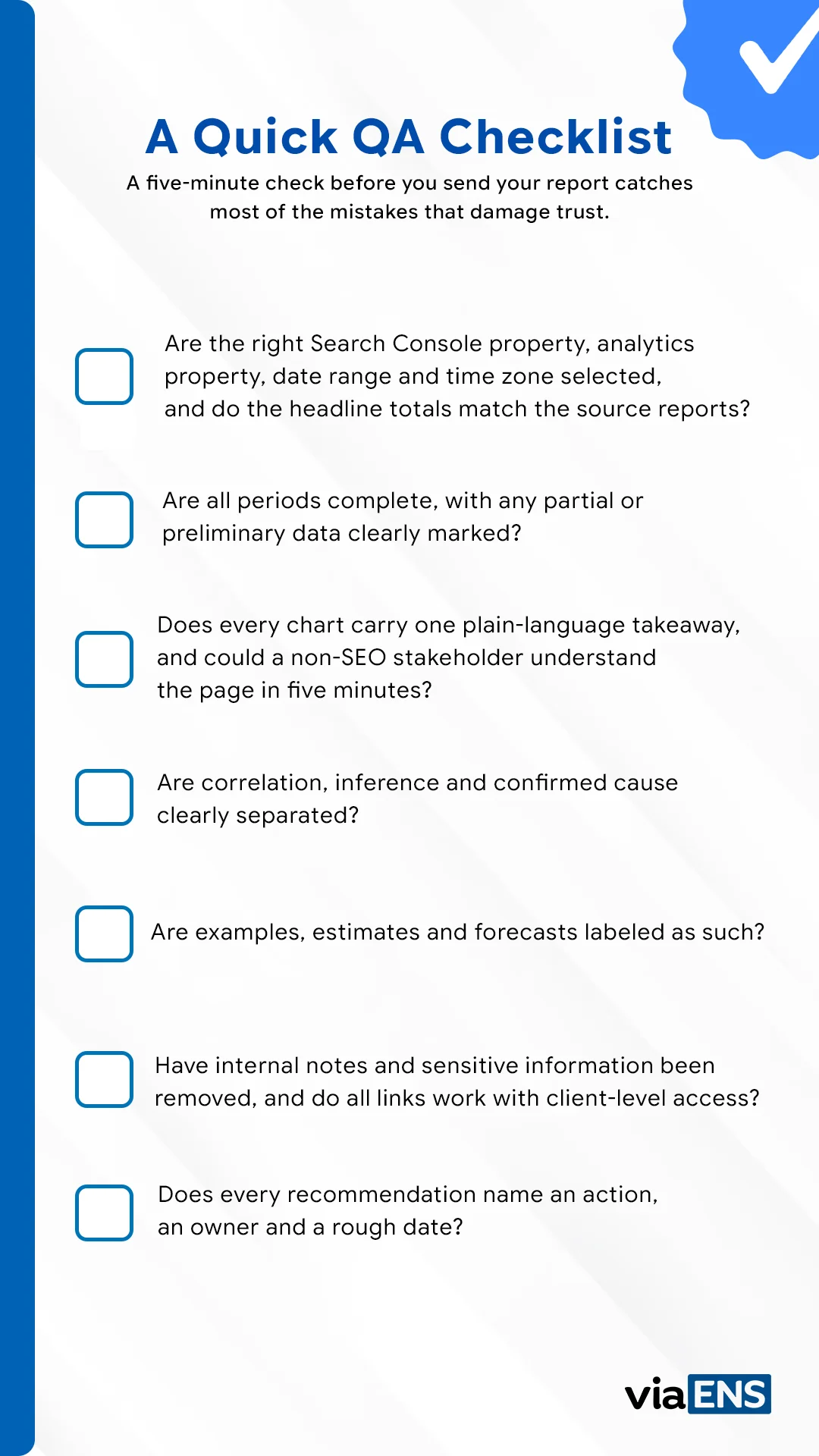 SEO reporting QA checklist for reviewing client reports before sending